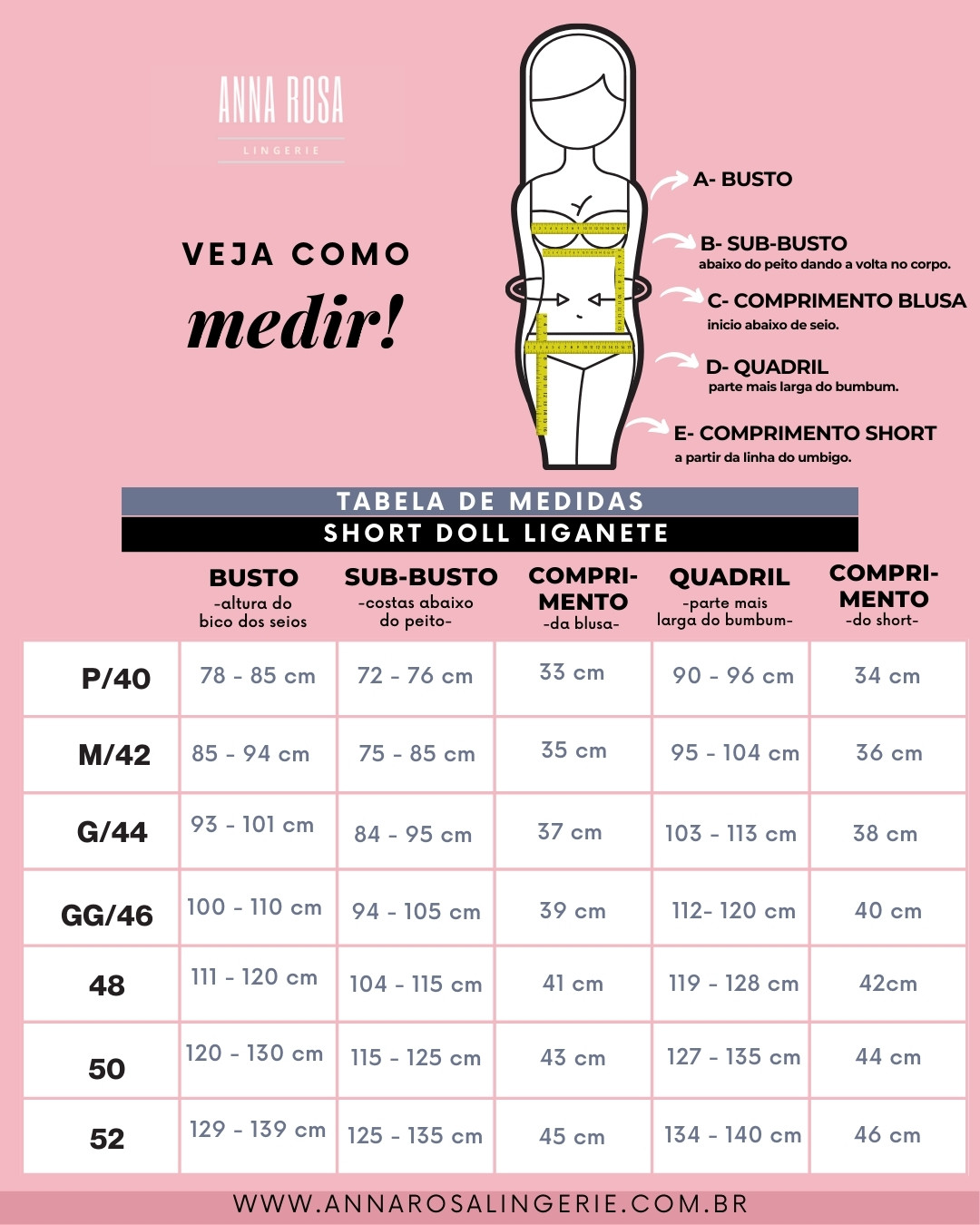 Tabela de medidas - Shorto doll liganete